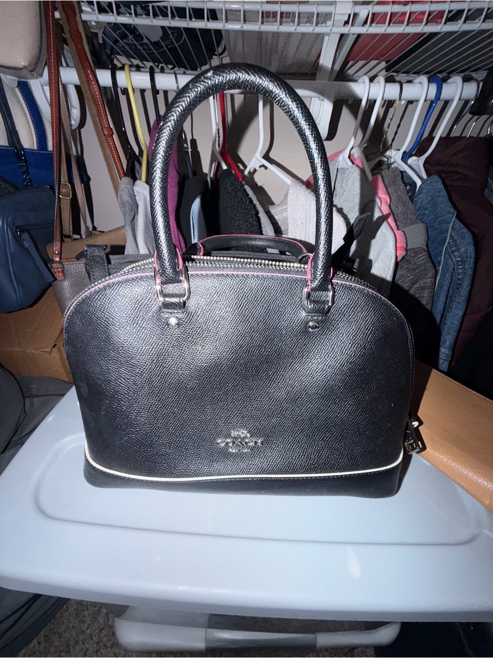 Coach Black Satchel with Pink Trim and White Piping
